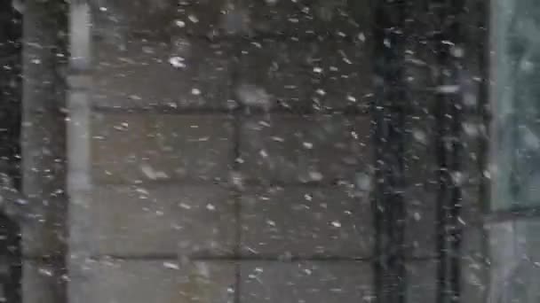 Schneeflocken fallen bei starkem Wind in einem Stadtbild in Zeitlupe. — Stockvideo
