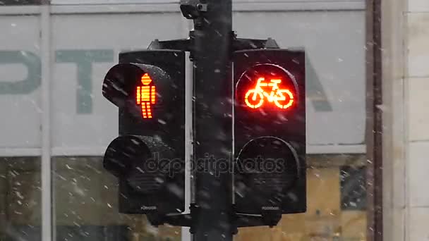 A Retro Traffic Light With Red Bicycle Sign — Stock Video