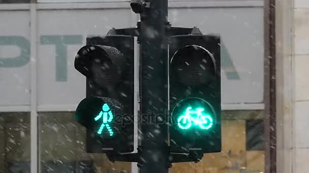 Eine Retro-Ampel mit grünem Fahrradschild. Zeitlupe. — Stockvideo