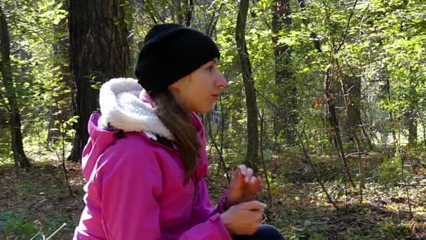 Eine junge Frau im Profil zieht ein Eichhörnchen an, während sie Nüsse klopft. — Stockvideo