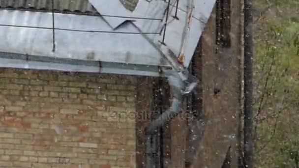 Een Multistorey rode bakstenen gebouw met beschadigde waterhoos uit roestvrij staal in zware sneeuwval — Stockvideo