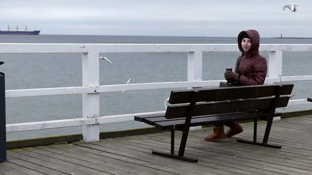 Ein schönes Mädchen sitzt auf einer Bank am Seebrücke und lächelt mit einer Tasse Kaffee in der Hand und Möwen herum. — Stockvideo