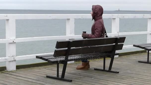 Uma garota legal sentada em um banco de cais em perfil com uma xícara de café e gaivotas em movimento lento . — Vídeo de Stock