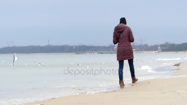 Genç bir kadın siyah şapka ve kahverengi Anorak Sandy Seabeach yavaş çekimde boyunca yürüyüş — Stok video