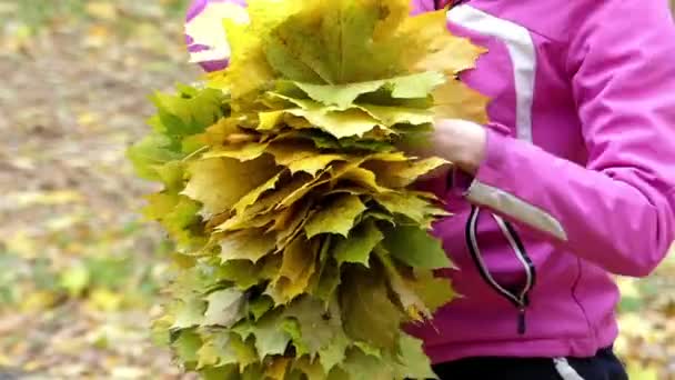 カエデの葉の花輪を作る女の子の手. — ストック動画