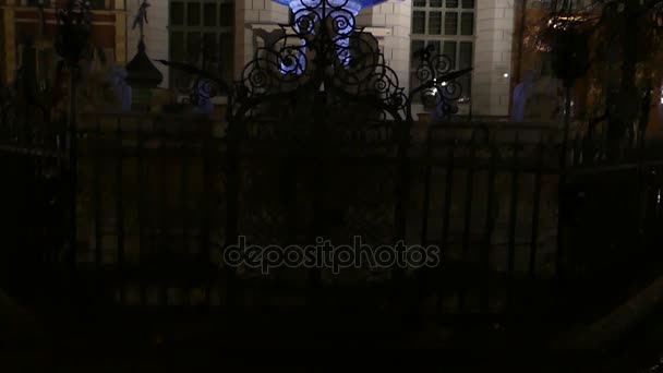 Een prachtige Europese oude paleis met een klassieke Romeinse sculptuur permanent op een blauwe voetstuk wordt's nacht goed verlicht. — Stockvideo