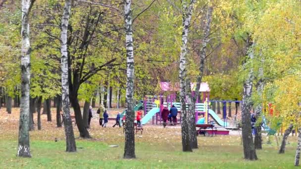 Los niños jugaron en el patio de recreo en el bosque de otoño . — Vídeo de stock