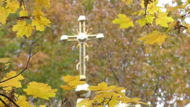 Cruz dorada en la parte superior de la iglesia fuera de foco en el parque en primer plano hojas amarillas otoñales . — Vídeos de Stock