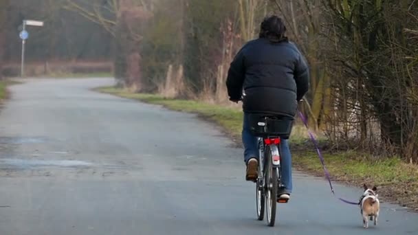 Ein radler fährt mit seinem fahrrad eine enge dorfstraße entlang und hält mit seinem kleinen hund in osteuropa im herbst in slo-mo die leine — Stockvideo