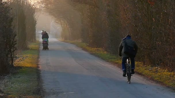 Cycler młody jeździ i młodą kobietę przenosi jej Baby Carriagein Lane odwrotnie, wzdłuż niektórych Road, promienie słońca, zachód słońca, w zwolnionym tempie — Wideo stockowe