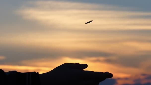 Una pequeña moneda es volteada por una mano masculina dos veces con un impresionante cielo al atardecer en el fondo en una primavera temprana — Vídeos de Stock