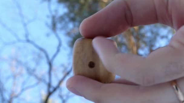Houten dobbelstenen kubus met zes punten is in de handen van een vrouw in een Forest overdag in de Winter — Stockvideo