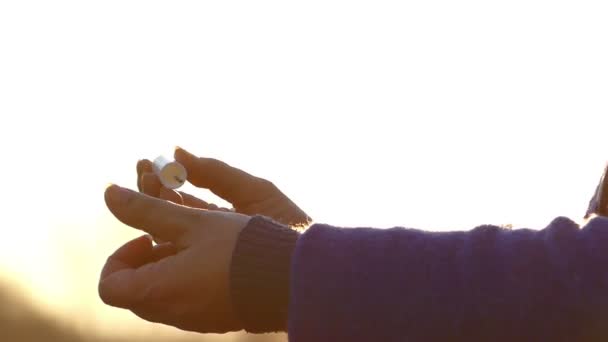 Manos de una mujer que se cubre las uñas con maquillaje polaco al atardecer a principios de primavera — Vídeos de Stock