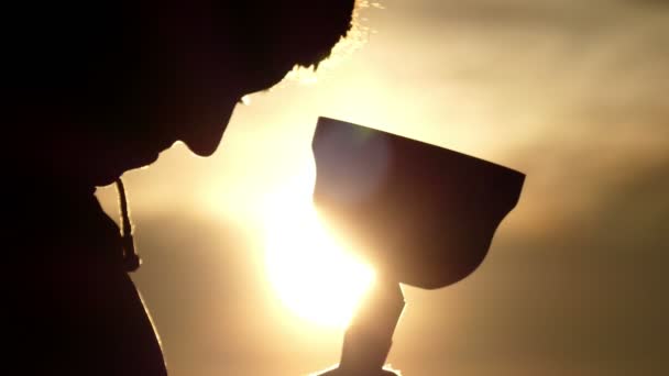 Dívka oslavit její cenu líbání zlatý pohár při západu slunce v 4 k videa. — Stock video