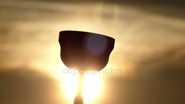 Golden Goblet and Prize in Sun Rays at Sunset at 4k Video. — Stock Video