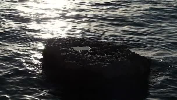 Rock i skimrande vatten vid solnedgången i Slow Motion — Stockvideo