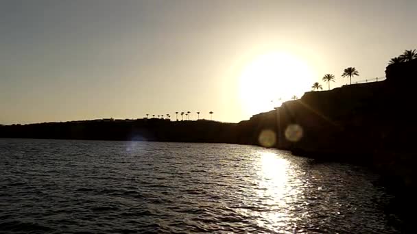 Όμορφη σιλουέτα των φοινίκων σε μια βραχώδεις λόφους στη θάλασσα στο ηλιοβασίλεμα στην Αφρική σε αργή κίνηση. — Αρχείο Βίντεο
