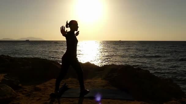 Fille faisant Kung-fu coup de pied au ralenti au coucher du soleil sur la plage . — Video