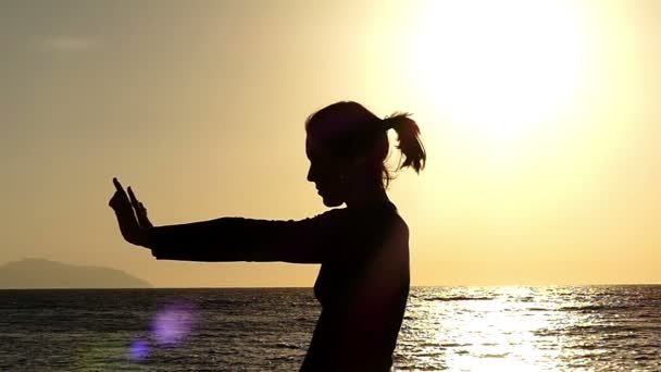 Mädchen in Zeitlupe macht Karate-Kata bei Sonnenuntergang. — Stockvideo