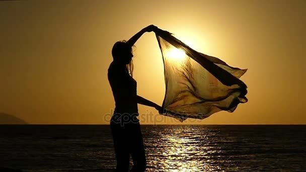 Joven mujer delgada, de pie en una costa pedregosa y manteniendo un pedazo de tela transparente en el viento en una bonita puesta de sol en Egipto — Vídeos de Stock