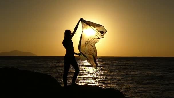 Silueta de una mujer joven de pie en una costa pedregosa y manteniendo un pareo en el viento en cámara lenta . — Vídeos de Stock