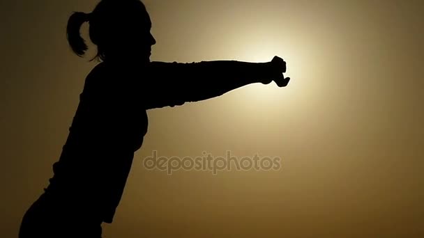 Silueta de una chica haciendo sentadillas al atardecer en cámara lenta . — Vídeos de Stock