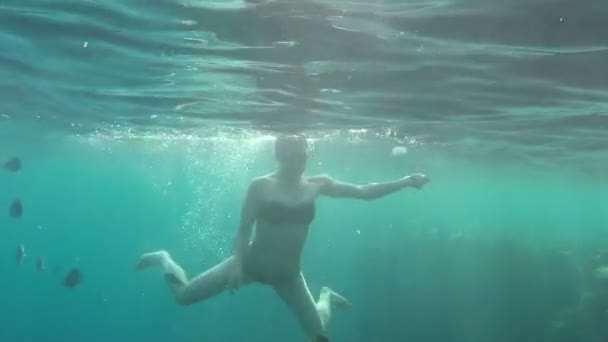 Young Woman in Bikini is Swimming Underwater and is Entertaining in the Red Sea — Stock Video
