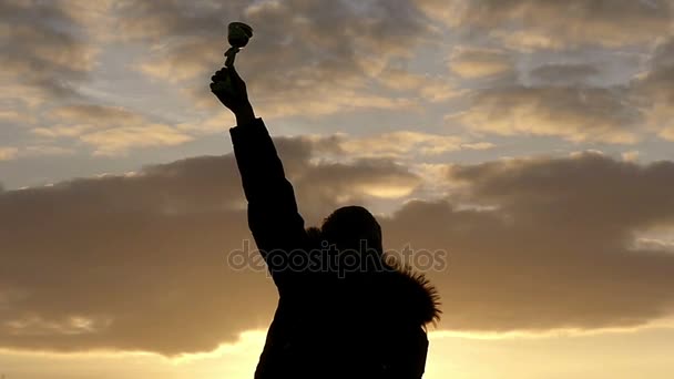 Силуэт мальчика, держащего трофей и прыгающего с ним на фоне красивого неба в медленном движении — стоковое видео