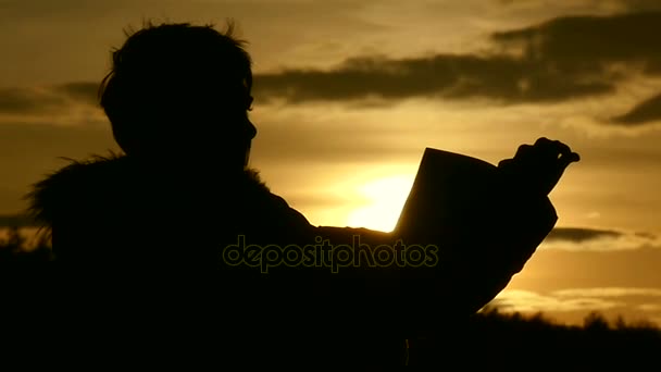 Bir erkekle uzun kirpiklerini silüeti kitap ile açık havada sırasında altın günbatımı yapraklar — Stok video