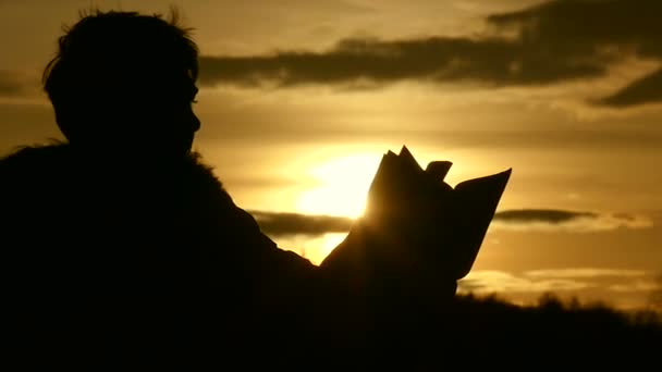 Η σιλουέτα ενός αγοριού είναι συνεδρίαση σχετικά με τη φύση και διαβάζοντας ένα βιβλίο κατά τη διάρκεια του ηλιοβασιλέματος σε αργή κίνηση — Αρχείο Βίντεο