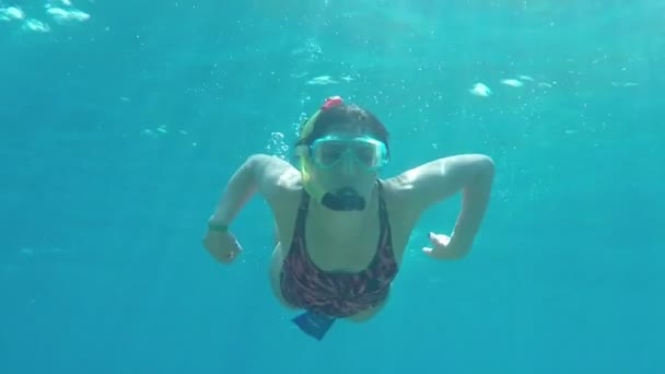 Νεαρό κορίτσι, κολύμβηση με αναπνευστήρα πάνω από πανέμορφες κοραλλιογενή ύφαλο. — Αρχείο Βίντεο