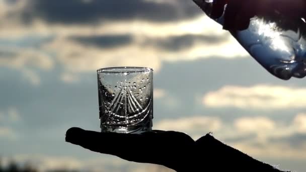 A mão segura um copo de vidro, e a segunda mão derrama água mineral da garrafa no vidro contra o fundo de um belo céu — Vídeo de Stock