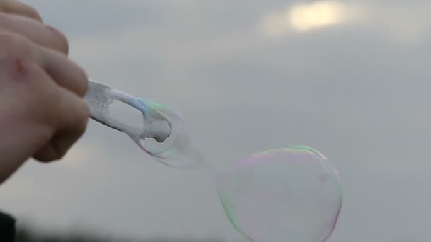 Bunte Seifenblasen werden im Freien mit einem speziellen Seifenstock hergestellt — Stockvideo