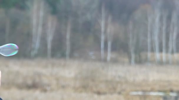 Un ruisseau de bulles de savon arc-en-ciel sont plantés rapidement sur une pelouse forestière à l'automne — Video