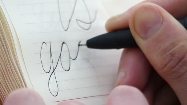 Die Person im Notizbuch schreibt in einer schönen Handschrift aus nächster Nähe — Stockvideo