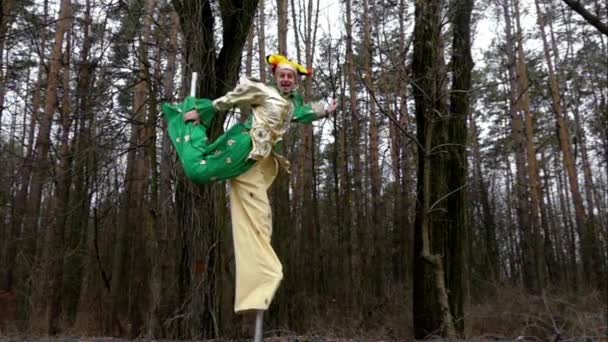 Hilariouslown άλματα και χορεύει σε ένα ξυλοπόδαρο σε ένα σύμπλεγμα δομών σε αργή κίνηση — Αρχείο Βίντεο