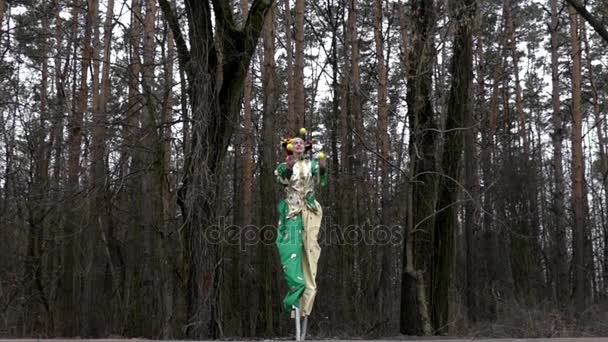 Lustiger Clown auf Stelzen im grünen Anzug jongliert im Frühling im Slo-mo mit Bällen im Wald — Stockvideo