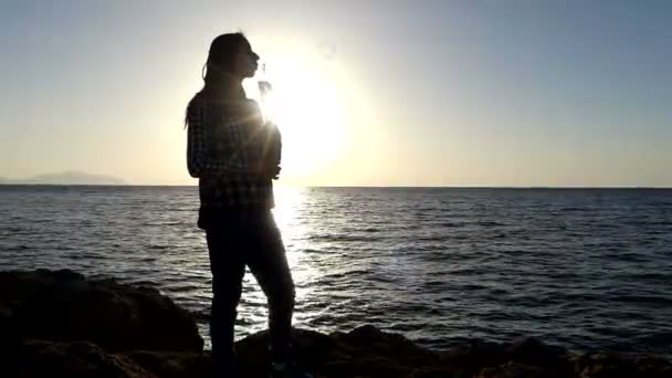 Krásná dívka dělá malé mýdlové bubliny v pobřeží při západu slunce v pomalém pohybu — Stock video