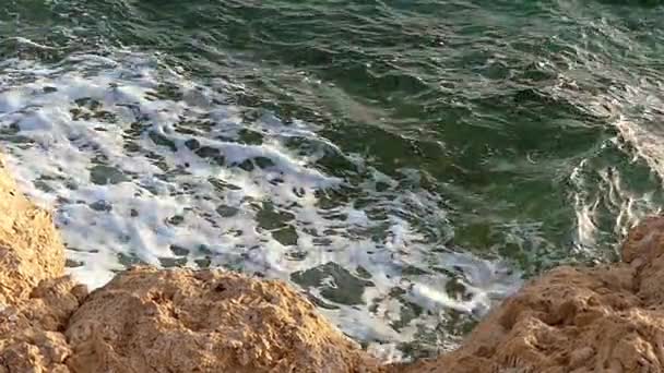 Skummande havet vågorna kraschar brun Rocky havskusten i Egypten på natten — Stockvideo
