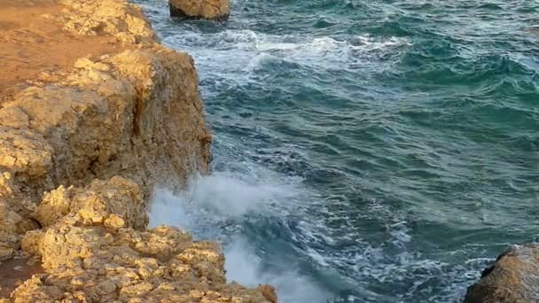 Le onde del mare schiumoso che schiantano il litorale roccioso marrone chiaro in Egitto in Daydime — Video Stock