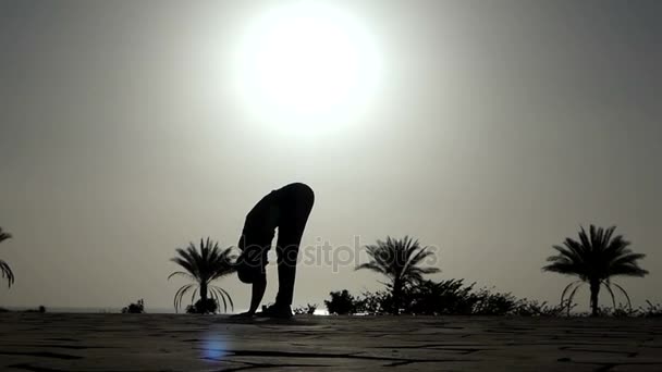 Junge Frau praktiziert Yoga und macht Asana als Kriegerin an einem Meeresstrand in Ägypten bei Sonnenuntergang — Stockvideo