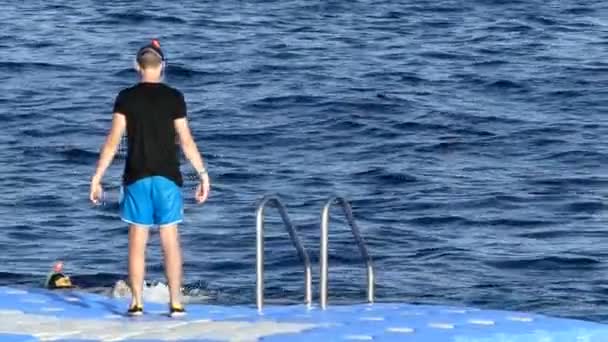 Homem engraçado em chinelos e com um snorkel salta na água de um pontão no Egito — Vídeo de Stock