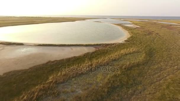 Luftaufnahme einer kurvigen Dscharylhach-Insel, Schilf, kleine Seen im Sommer — Stockvideo