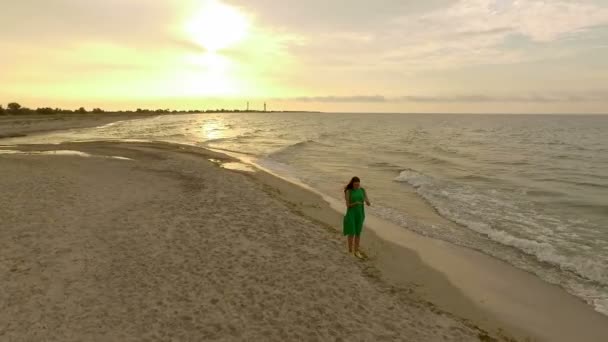 Аэросъемка возбужденной девушки, ищущей что-то на берегу моря острова Джарылхач в Сло-Мо — стоковое видео