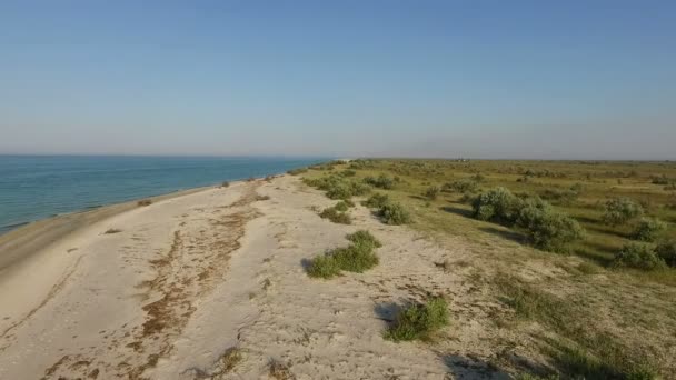 Аэросъемка песчаного побережья острова Джарылгач летом в солнечный день — стоковое видео