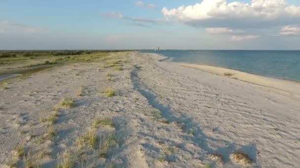 Аэросъемка дрейфующих волн Черного моря на песчаном побережье острова Джарылгач в солнечный день — стоковое видео