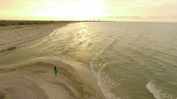 Foto aérea de una hermosa chica caminando por la costa de isla de Dzharylhach en Slo-Mo — Vídeo de stock