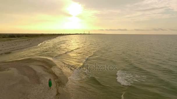 Foto aérea de una chica atractiva caminando por la costa de isla de Dzharylhach en Slo-Mo — Vídeo de stock