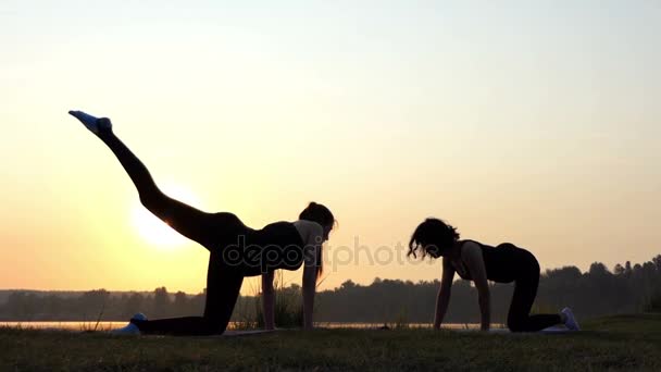 Deux femmes debout à quatre pattes, levant les jambes sur un rivage de lac au coucher du soleil à Slo-Mo — Video