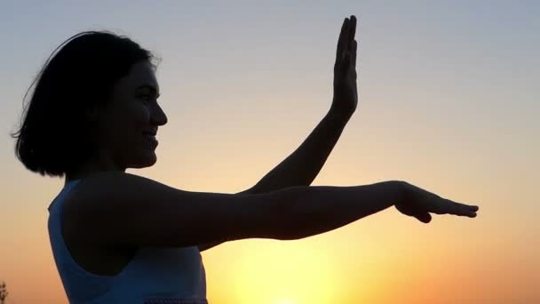 Eine junge schlanke Frau macht winkende Bewegungen mit ihren Händen bei Sonnenuntergang im Slo-mo — Stockvideo